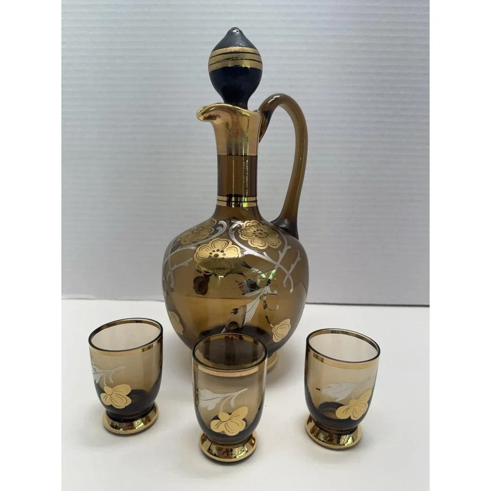 VTG Bohemian Amber Glass Decanter Set Gold Gilt Enamel Flowers 4 Pc Czech NICE